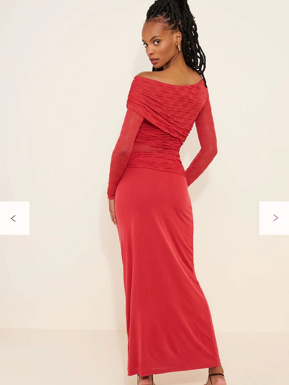 Asymmetrical Red Ruched Long Sleeve Maxi Dress - Picture 2 of 8